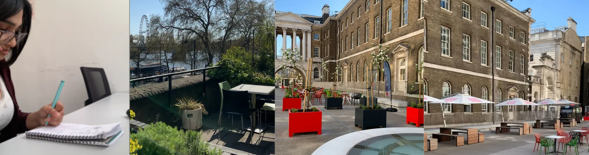 A collage of three images: the first shows Neha writing in a notebook at a desk; the second captures a sunny outdoor terrace with seating, overlooking the River Thames and the London Eye in the background; the third shows an open courtyard with red and bl