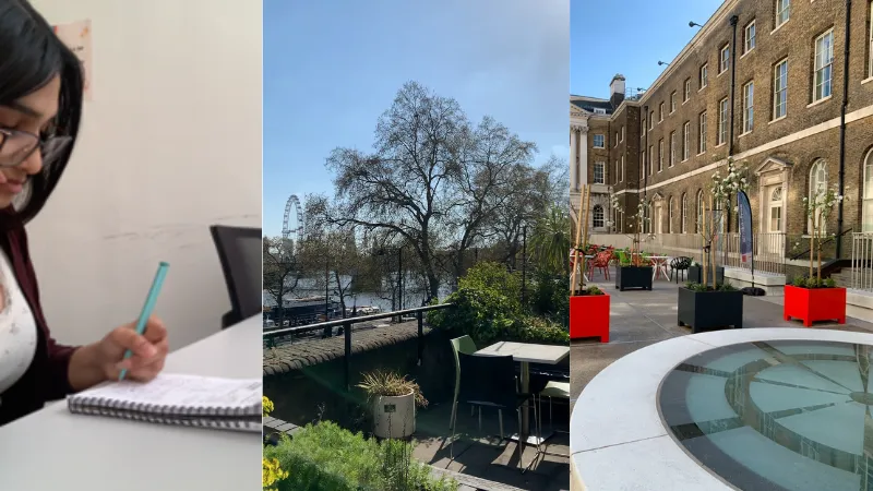 A collage of three images: the first shows Neha writing in a notebook at a desk; the second captures a sunny outdoor terrace with seating, overlooking the River Thames and the London Eye in the background; the third shows an open courtyard with red and bl
