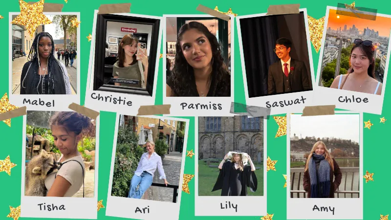 A collage of nine students on a green background and stars