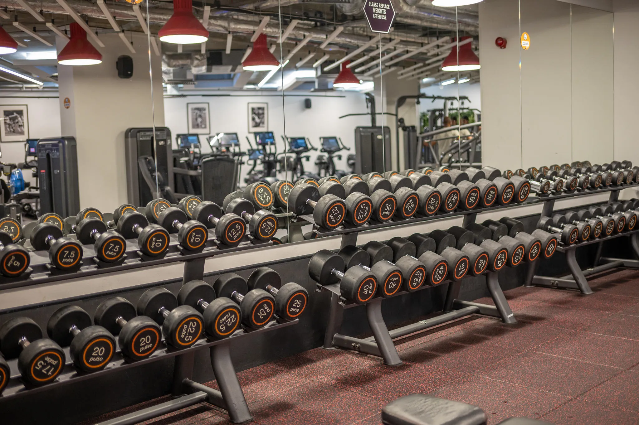 Various weights on Gym Floor. 