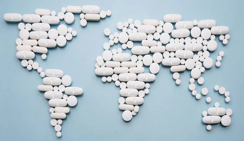 A map of the world made out of pills