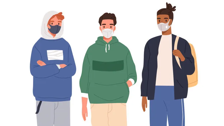 Group of diverse modern teenagers wearing protective masks