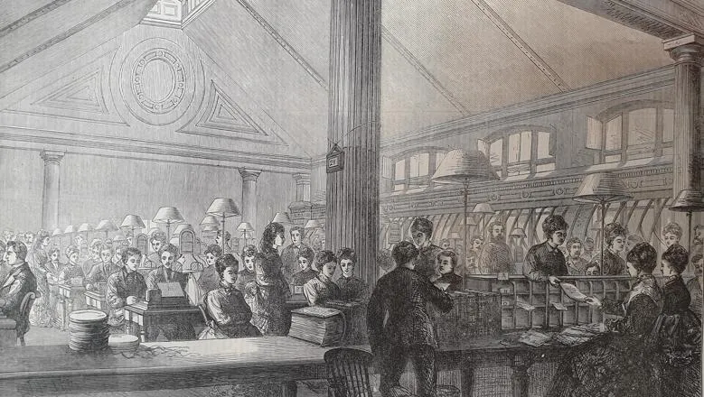 Illustration of the Central Telegraph Office during the Victorian Era