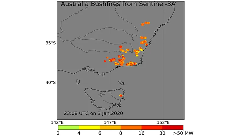 Active fire detections made from the Sentinel-3A satellite over the extreme Australian bushfires (3 Jan 2020).
The higher the Fire Radiative Power (in MW) the more extreme the fire at that location.