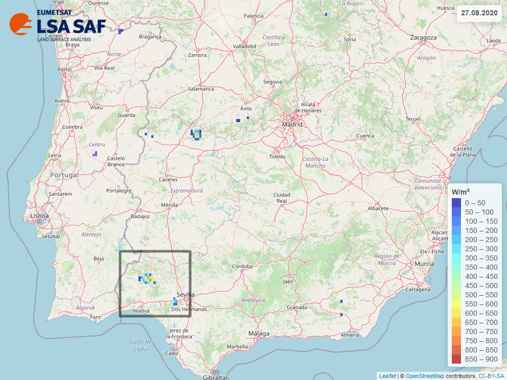 Animation of daily maximum fire radiative power from 27th until 30th of August 2020, expressed in Watts per square meter, using FRPPIXEL product. Maximum FRP for each pixel is selected as maximum value of FPR within a day. Area inside black square corresponds to province of Huelva.