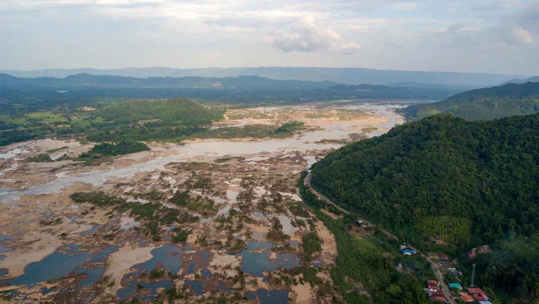 Aerial view of dam construction on the Mekong River