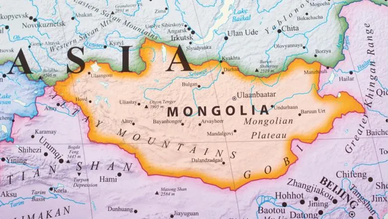 Map of Mongolia on the border of Russia and China