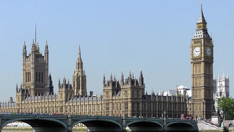 Image of Big Ben and the Houses of Parliament - sunny day with blue sky.