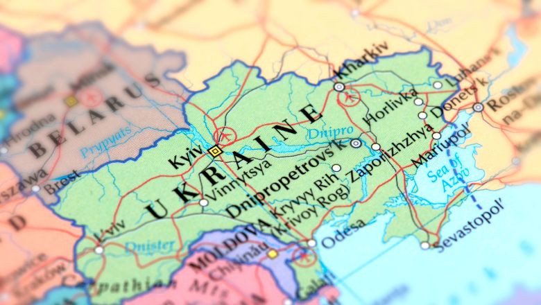 Close-up of Ukraine on world map