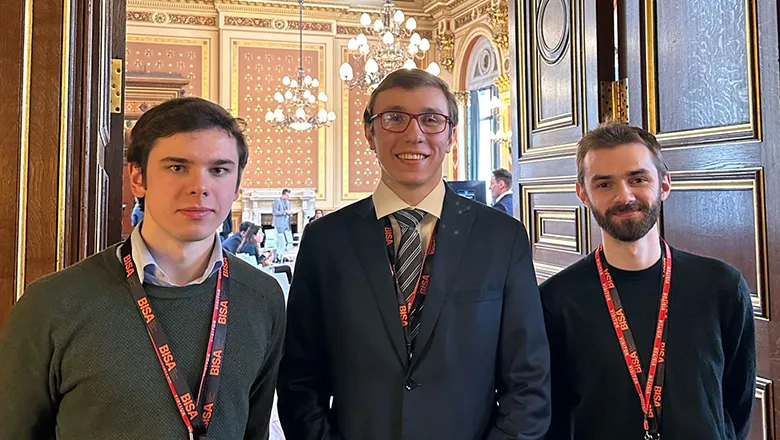 War Studies students Andrey Miroshniko, Maxim Visnovsky and Alex Call at the FCDO in London.
