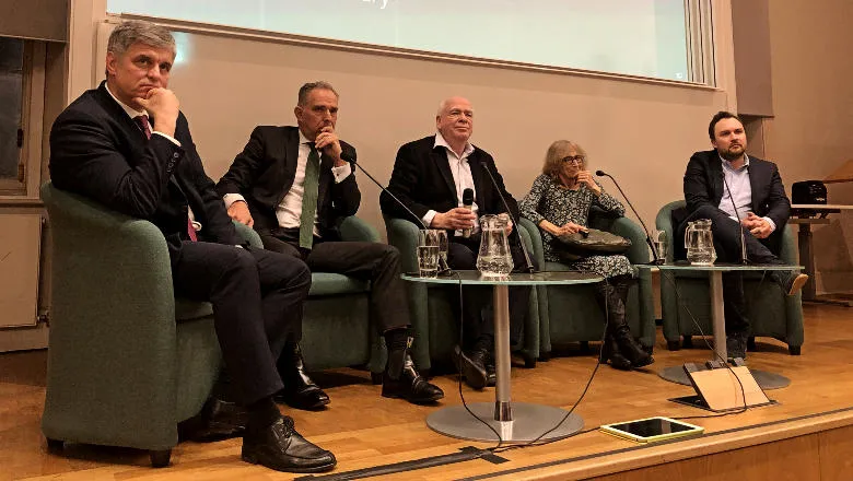 Ukraine’s Ambassador to the UK, Vadym Prystaiko, British diplomat Mark Sedwill, Professor Lawrence Freedman and documentary producers, Norma Percy and Tim Stirzaker. 