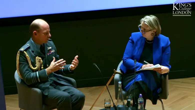 Air Chief Marshal Sir Mike Wigston speaking with Caroline Wyatt at the 2022 Chief of the Air Staff Lecture hosted by the Freeman Air and Space Institute at King's College London. 