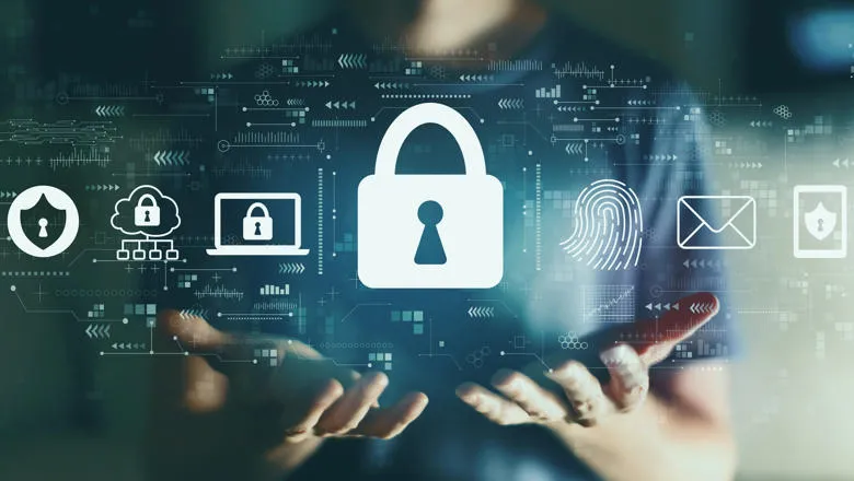 A graphic with a person holding their hands out and above that various icons relating to cyber security, e.g. a screen with a padlock