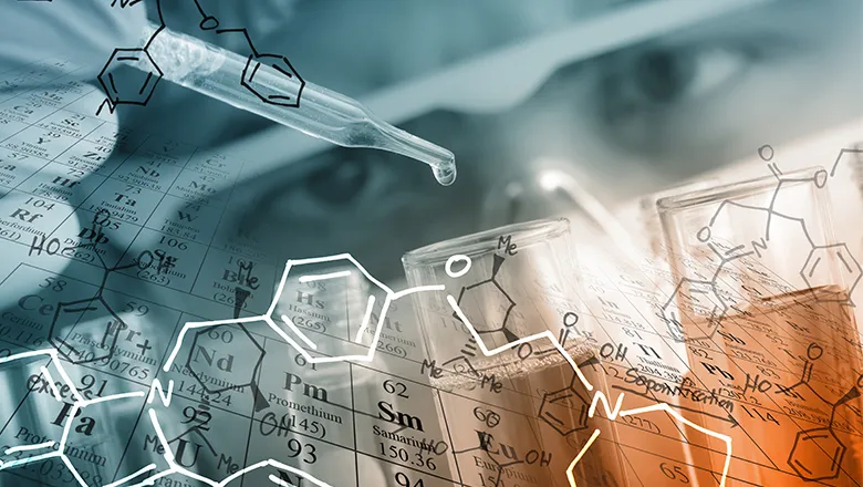 image of researcher with a pipette overlaid with chemical symbols