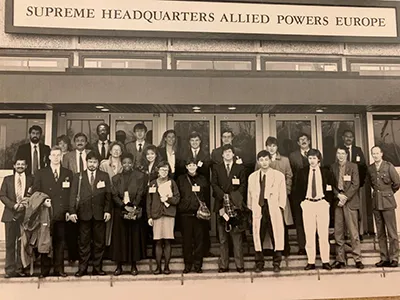 'Funmi (4th from left, front row) and the MA War Studies Class 1988 visiting NATO and SHAPE