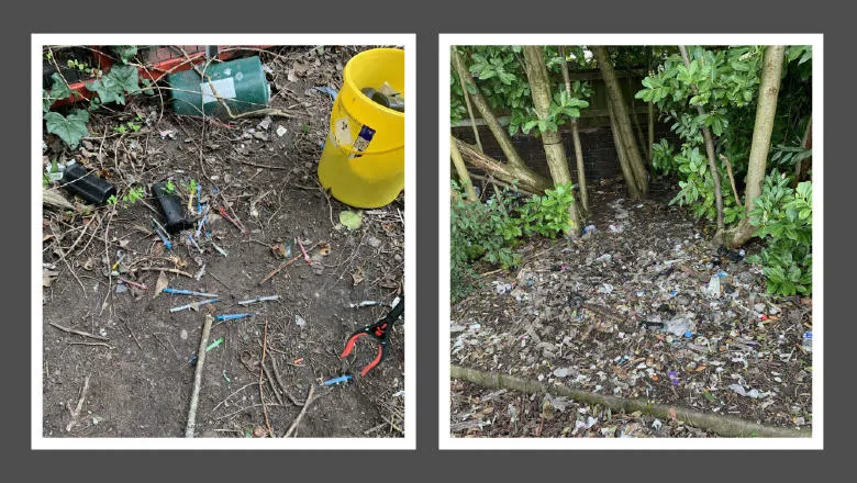 Syringes and other drug-taking paraphenalia strewn on waste ground