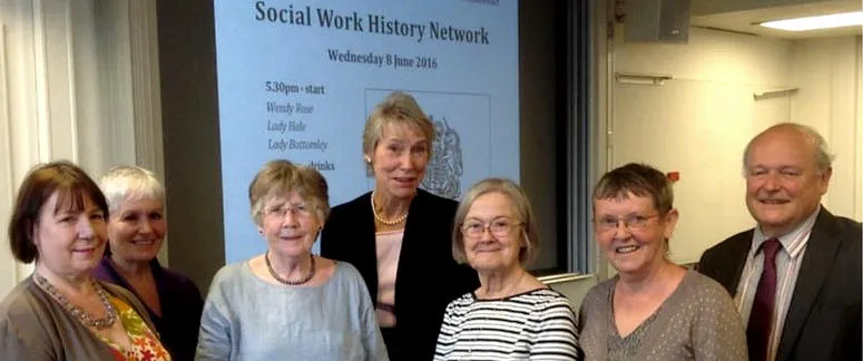Jill Manthorpe, Wendy Rose, June Thoburn, Lady Bottomley,
Lady Hale, Jo Tunnard and Terry Bamford at the SWHN meeting on the Children Act 1989 at King's College London on 8 June 2016.
