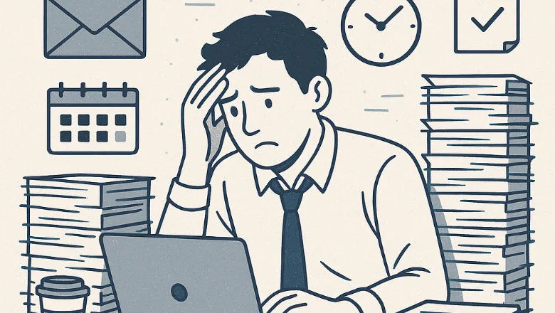 Person looking stressed surrounded by work to do