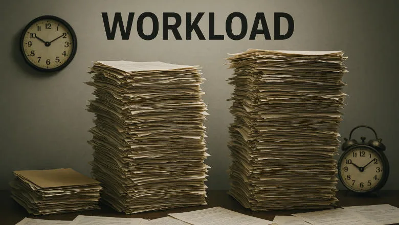 Piles of paper and clocks representing workload