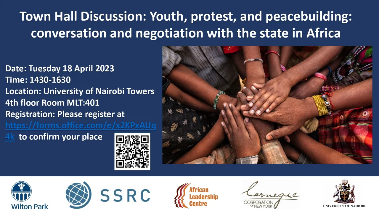 Youth, Protest, and Peacebuilding: Conversation and Negotiation with the State in Africa event poster, noting to register to the event.