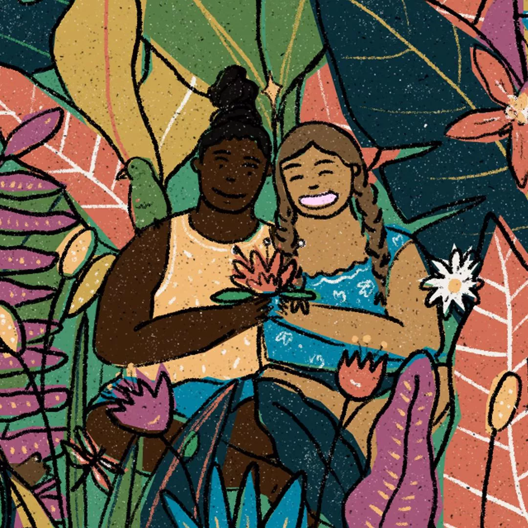 Illustration of two firls of different races hugging