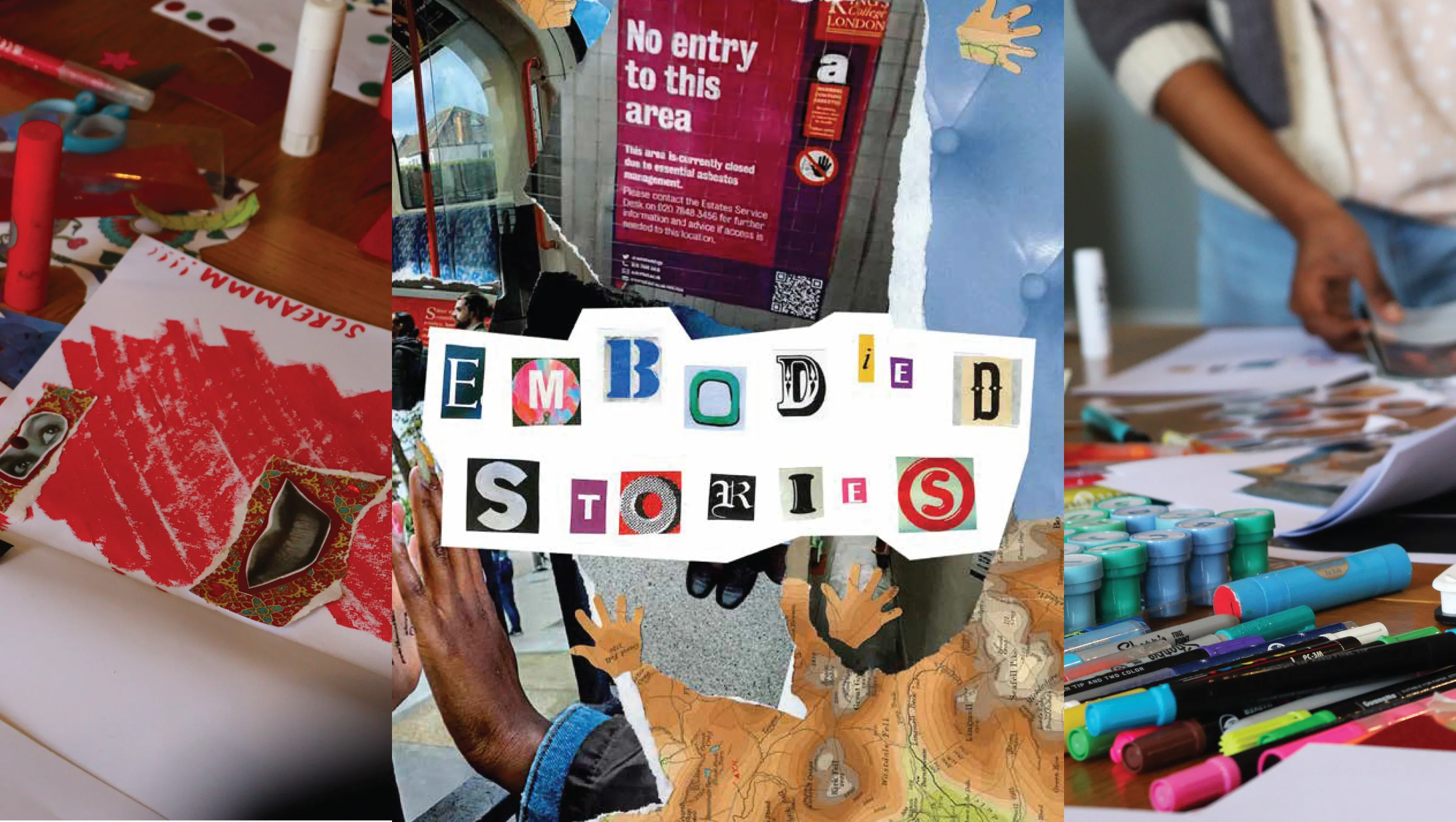 Title page of VEM Network zine Embodied stories including a collage of arts and crafts