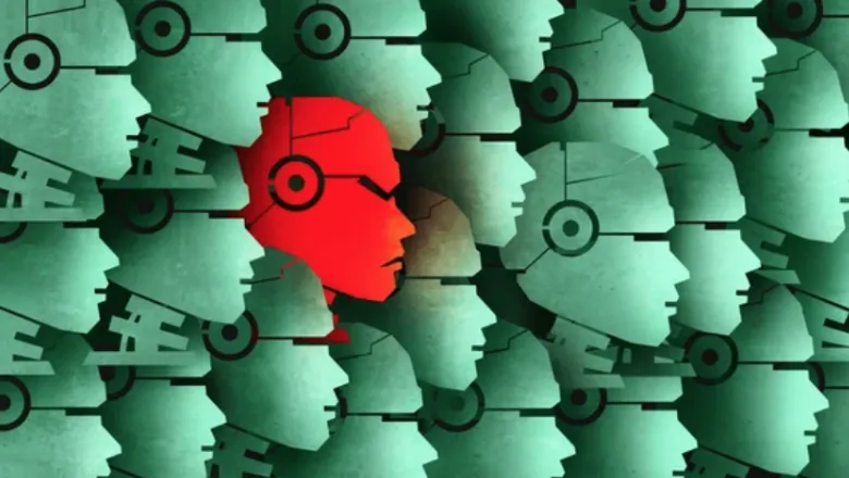 rows of green robotic heads with one red head in the middle