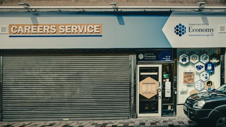Photo of a closed 'Careers Services' shop.