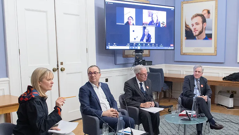 The panel at the event on academic freedom held on 5 Dec 2022 including Professor Linda Woodhead chairing