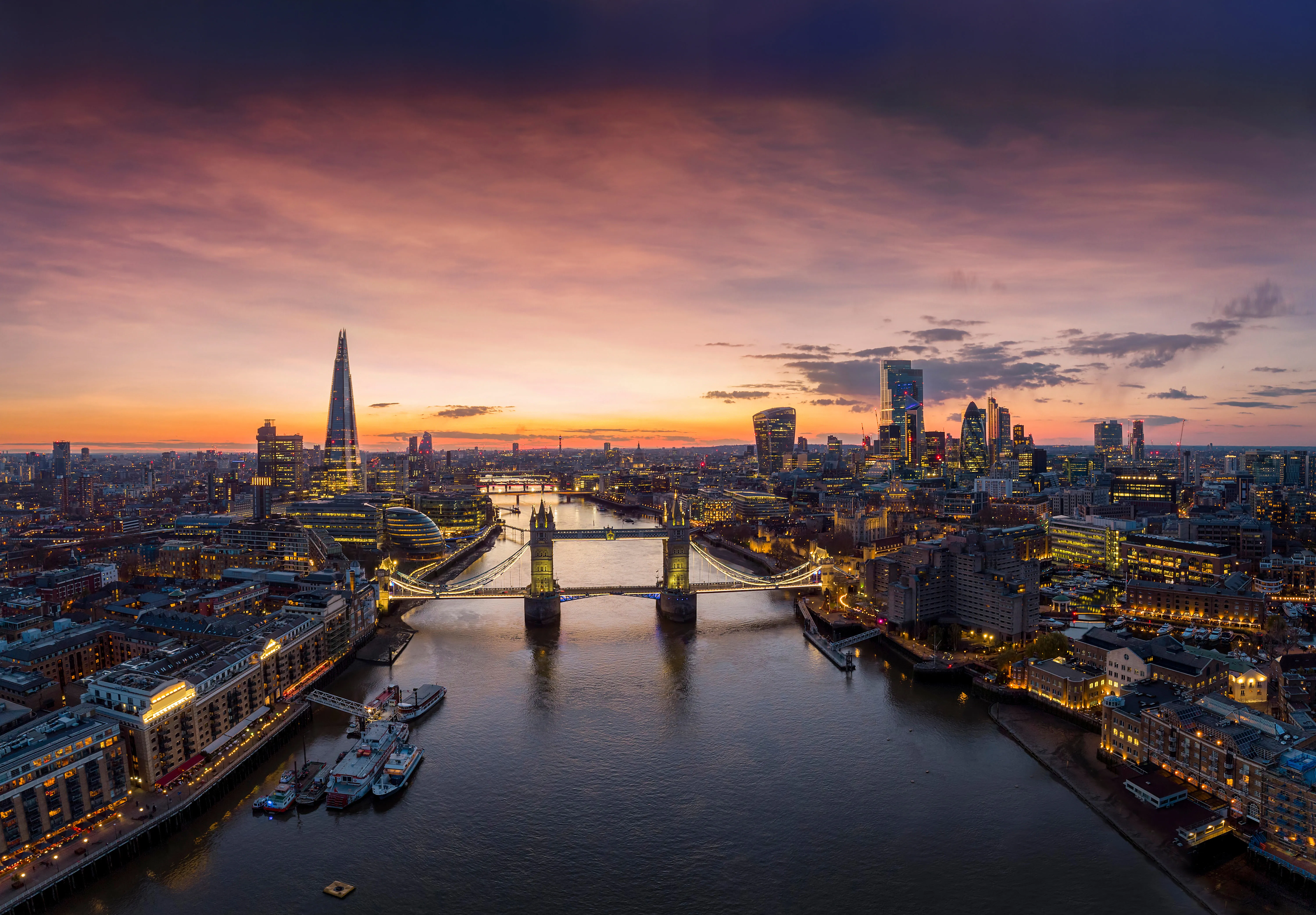 aerial view of london at sunset, view of tower bridge