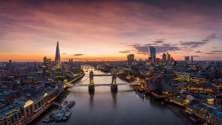 aerial view of london at sunset, view of tower bridge