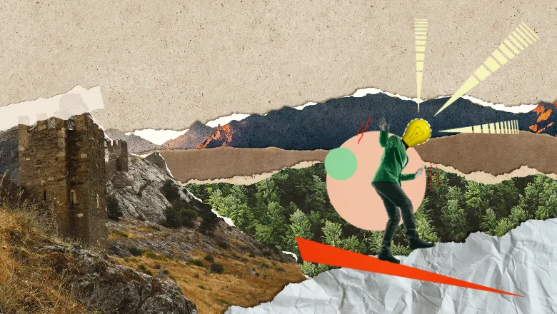 collage concept background of various terrains with person balancing on tightrope above