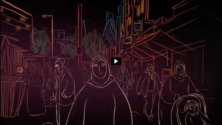 Screenshot of video from Coronawareness project showing illustration of a woman in east London