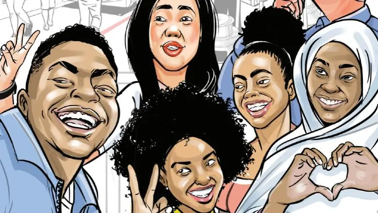 Drawing of 5 young people, 4 from Tanzania and 1 British woman, representing a cut from the cover page of the comic 'The So-called Love'.