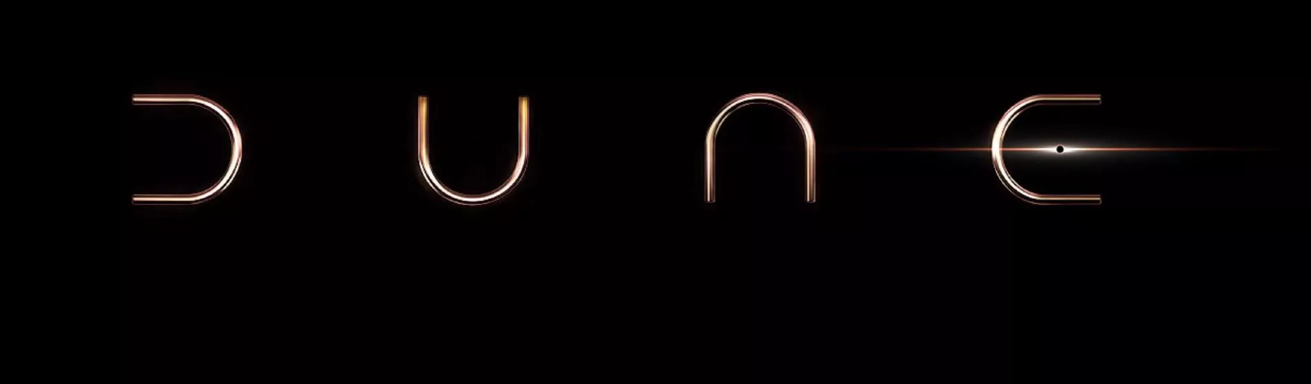 Letters D U N E showing on a black background, it is the logo of the film Dune released in 2021.