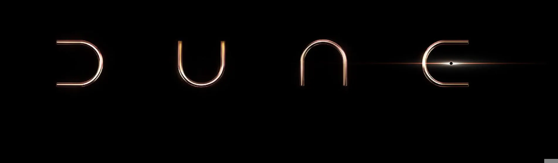 Letters D U N E showing on a black background, it is the logo of the film Dune released in 2021.