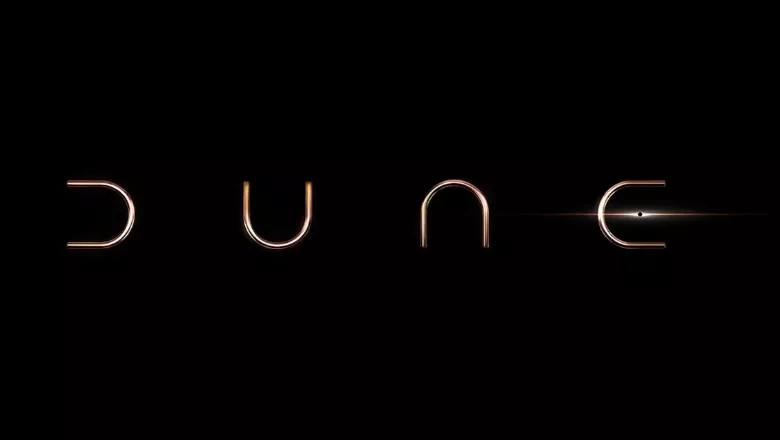 Letters D U N E on a black background, as per the logo of the film Dune released in 2021.