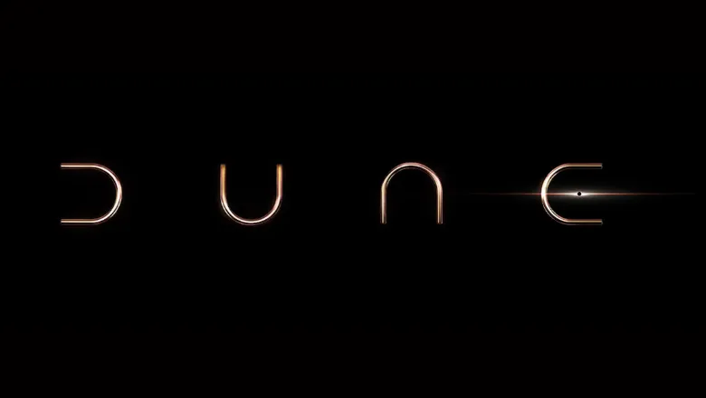 Letters D U N E on a black background, as per the logo of the film Dune released in 2021.