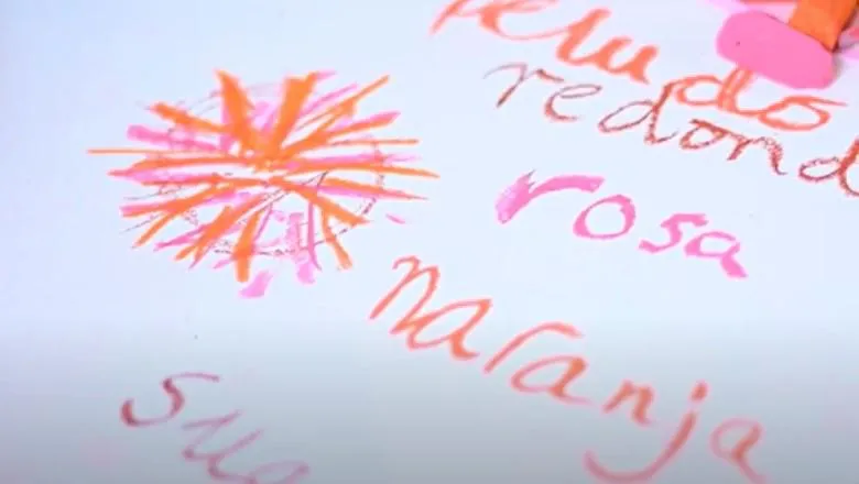 Drawing in orange and pink with the words 'rosa' and 'naranja' written next to it.