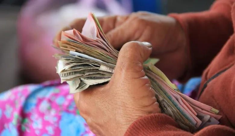 Photo of hands holding bills of different colours.