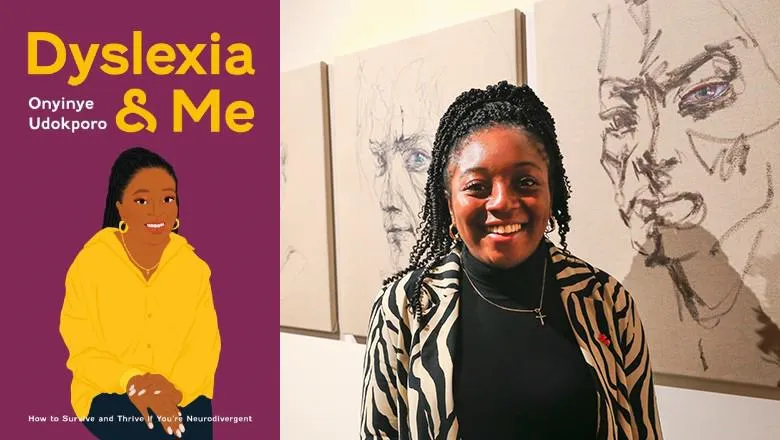 Onyinye Udokporo in front of drawings, and the cover of her book
