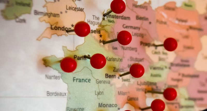Pins on a map of Europe