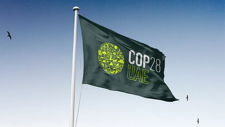 COP28 flag against a blue sky