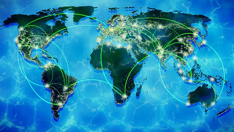 map of the world with countries connected with different lines