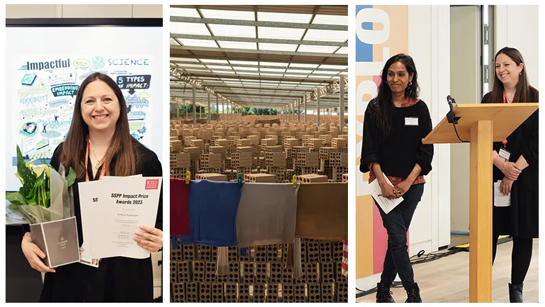 Winners of the Overall award of the SSPP Impact Awards 2023, Dr Nithya Natarajan, of the Department of International Development, and Professor Katherine Brickell, of the Department of Geography. 
(middle image: © Thomas Cristofoletti, Ruom Collective © Royal Holloway, University of London)