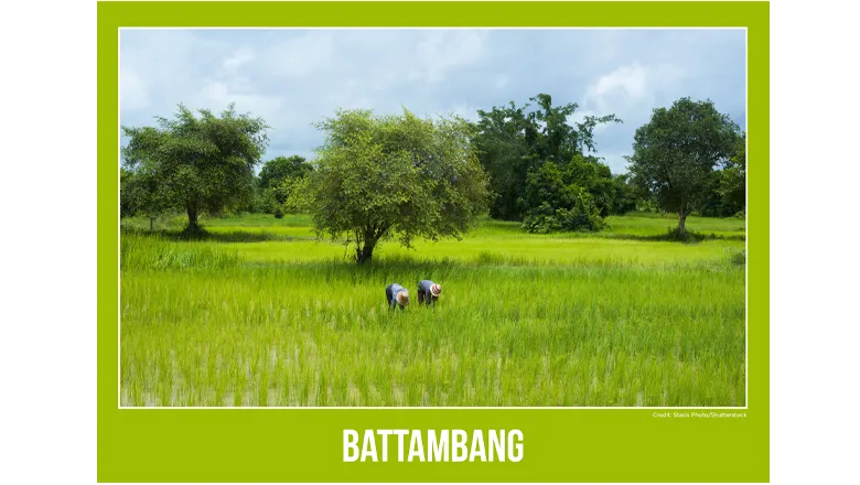 Battambang postcard featuring a photo of people in a field