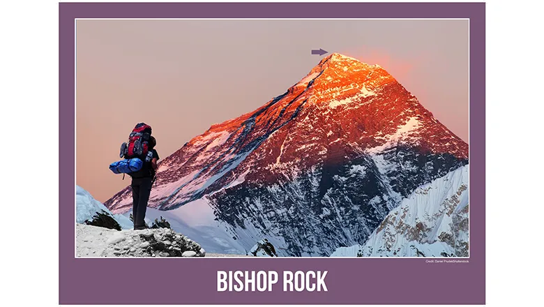 Image of Everest with arrow pointing towards Bishop's Rock formatted as a postcard