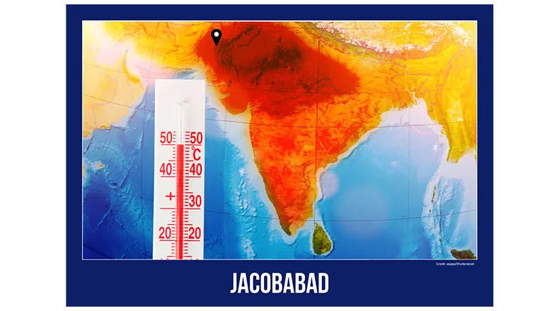 Image showing heat levels and thermometer with Jacobabad marked formatted as a postcard