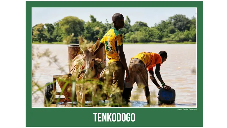 Image of men and their donkey in water in Tenkodogo formatted as a postcard