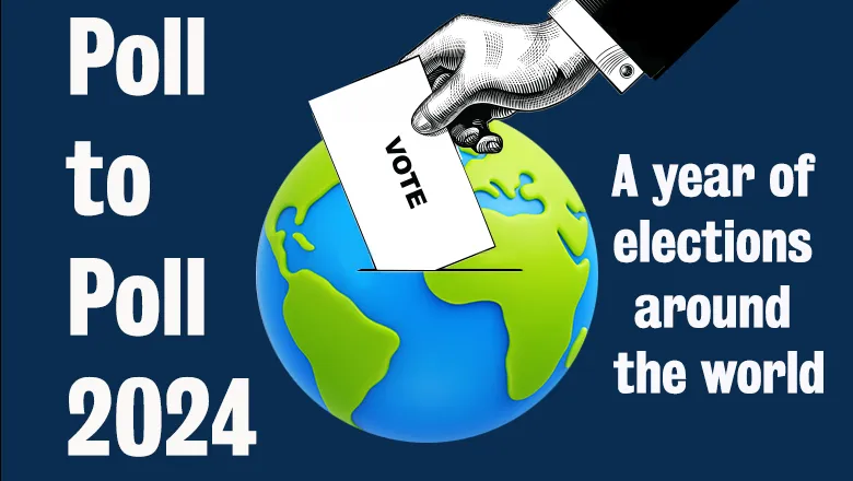 Title of Poll to Poll series with globe and hand casting a vote